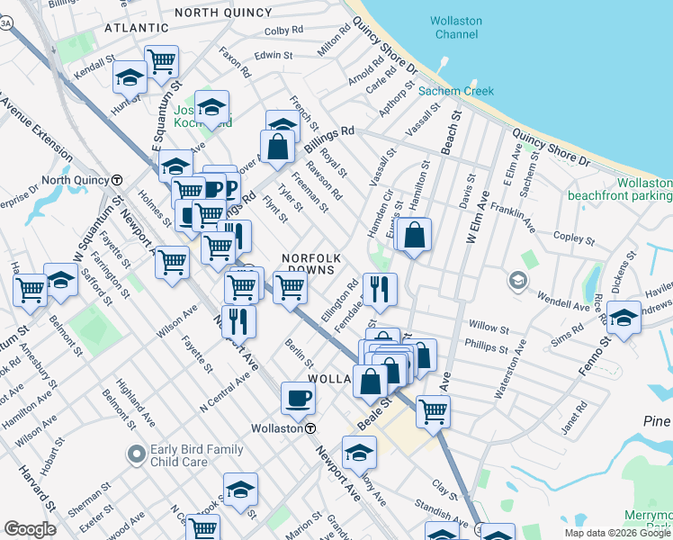 map of restaurants, bars, coffee shops, grocery stores, and more near 15 Dunbarton Road in Quincy