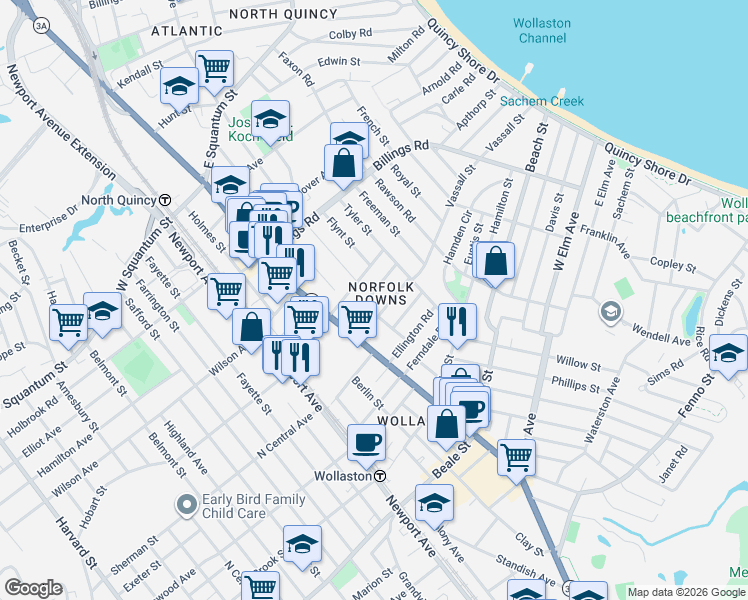 map of restaurants, bars, coffee shops, grocery stores, and more near 20 Cheriton Road in Quincy