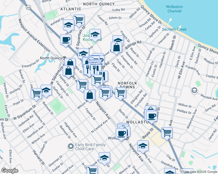 map of restaurants, bars, coffee shops, grocery stores, and more near 477 Hancock Street in Quincy