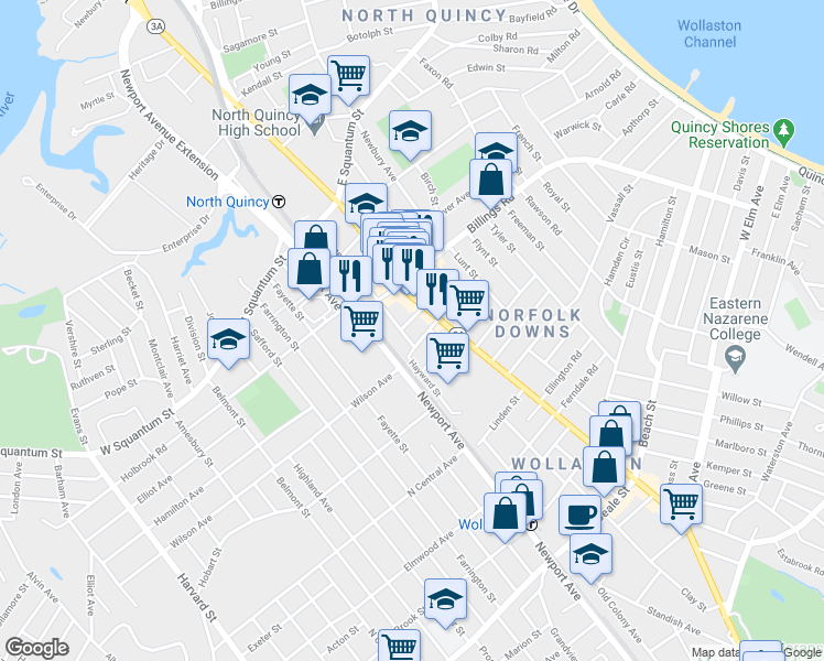map of restaurants, bars, coffee shops, grocery stores, and more near 117-119 Holmes Street in Quincy