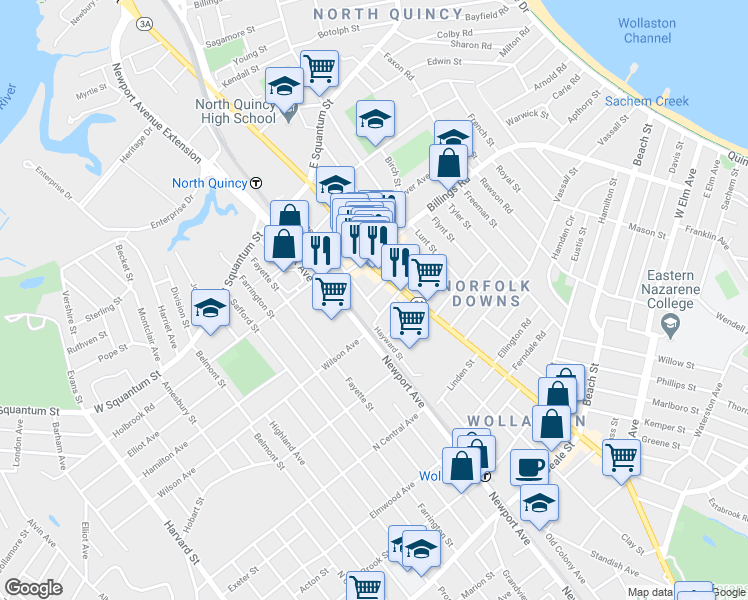 map of restaurants, bars, coffee shops, grocery stores, and more near 117-119 Holmes Street in Quincy