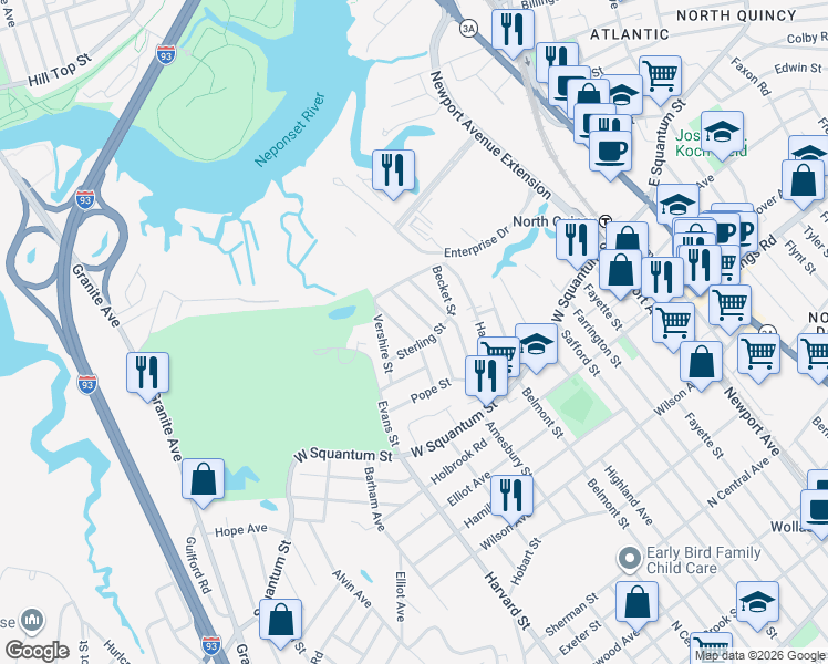 map of restaurants, bars, coffee shops, grocery stores, and more near 42 Sterling Street in Quincy
