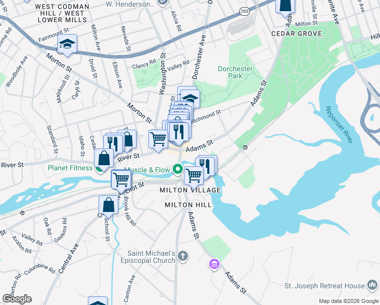 map of restaurants, bars, coffee shops, grocery stores, and more near 4 Adams Street in Milton