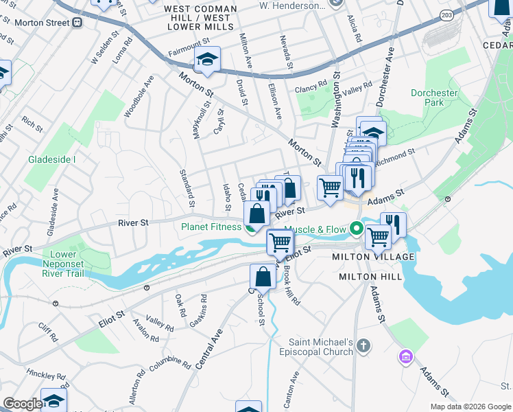map of restaurants, bars, coffee shops, grocery stores, and more near 89 River Street in Boston