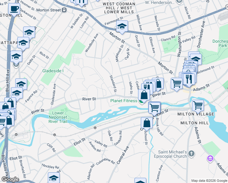 map of restaurants, bars, coffee shops, grocery stores, and more near 201 River Street in Boston