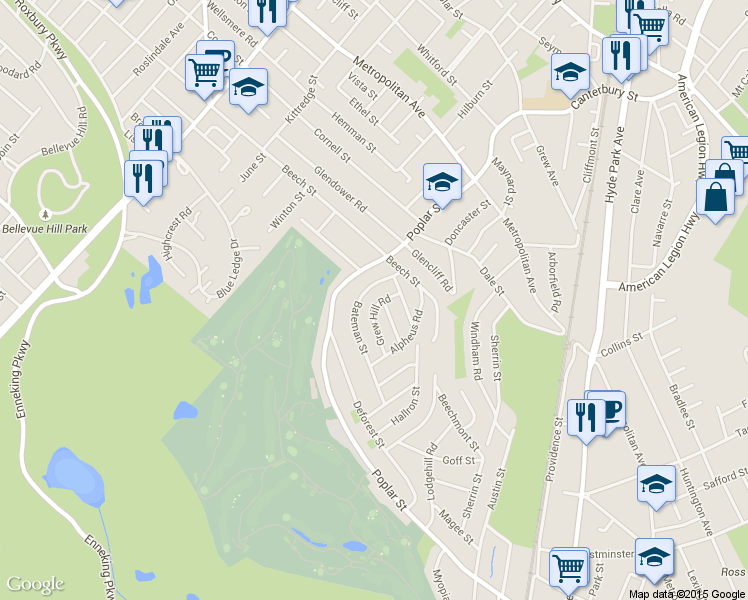 map of restaurants, bars, coffee shops, grocery stores, and more near 14 Grew Hill Road in Boston