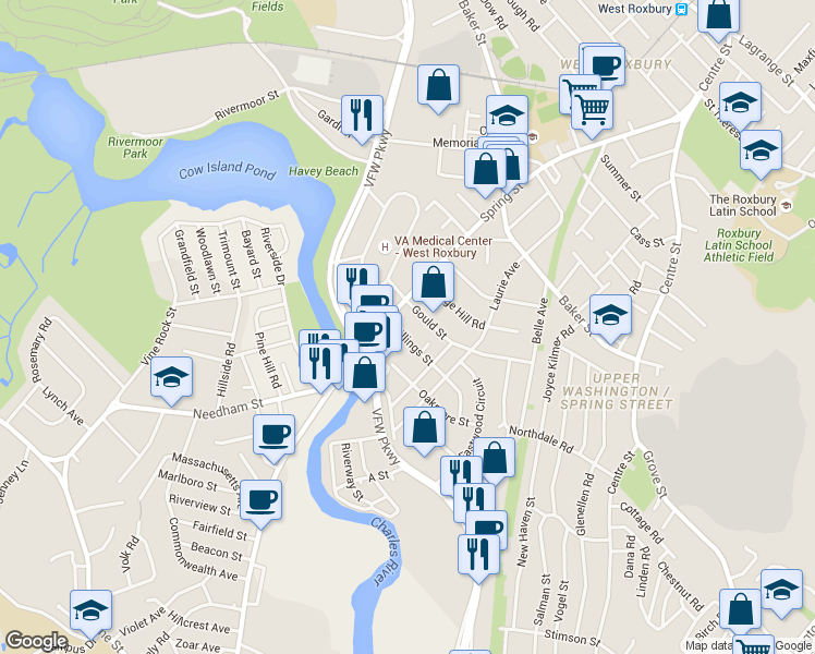 map of restaurants, bars, coffee shops, grocery stores, and more near 14-28 Billings Street in Boston