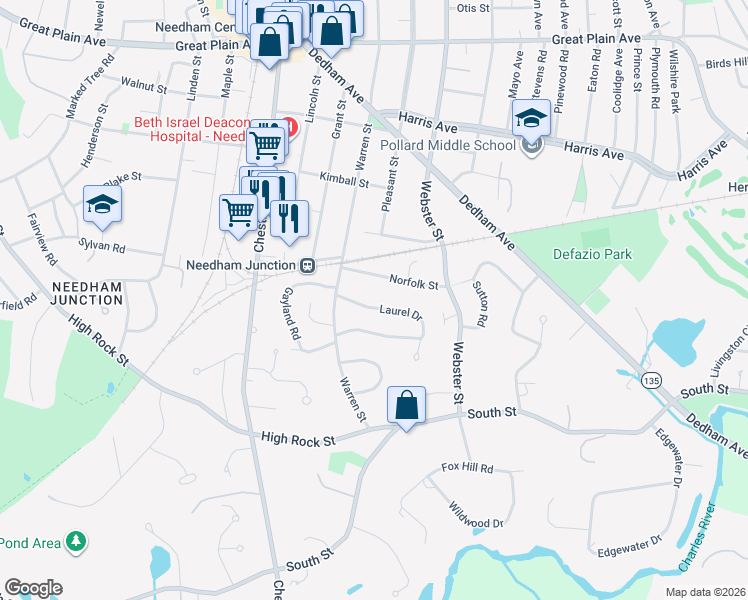 map of restaurants, bars, coffee shops, grocery stores, and more near 27 Laurel Drive in Needham
