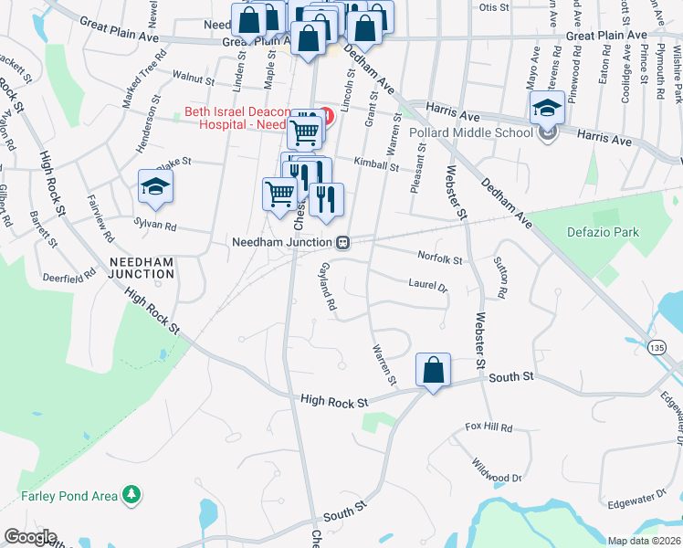 map of restaurants, bars, coffee shops, grocery stores, and more near 76 Gayland Road in Needham