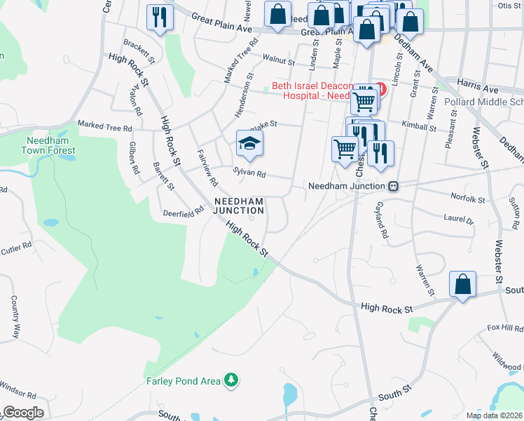 map of restaurants, bars, coffee shops, grocery stores, and more near 39 Murphy Road in Needham