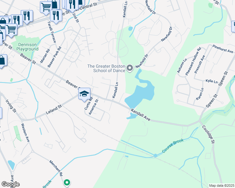map of restaurants, bars, coffee shops, grocery stores, and more near 86 Kendall Avenue in Framingham