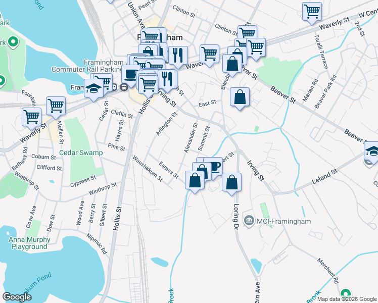 map of restaurants, bars, coffee shops, grocery stores, and more near 81 Summit Street in Framingham