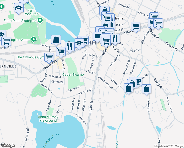 map of restaurants, bars, coffee shops, grocery stores, and more near 15 Charles Street in Framingham