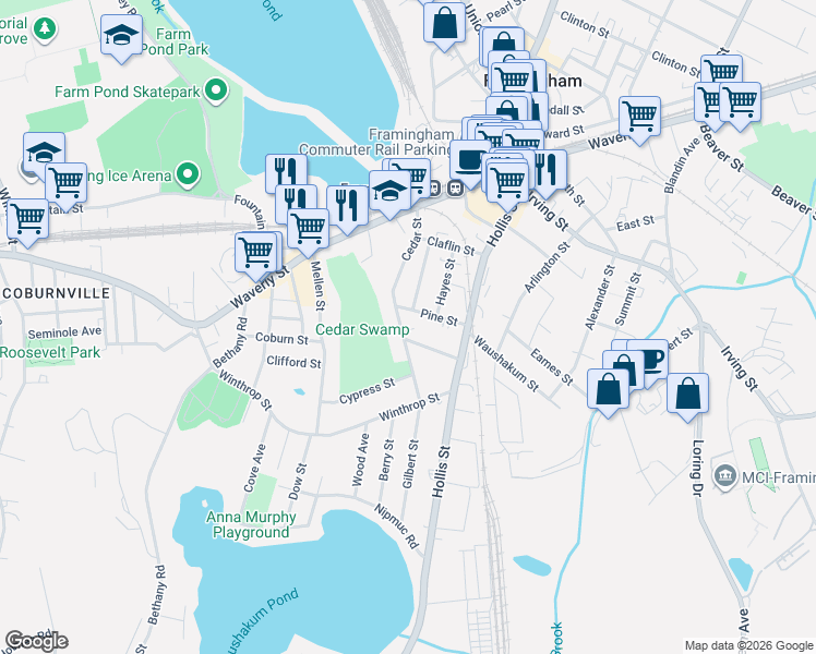 map of restaurants, bars, coffee shops, grocery stores, and more near in Framingham