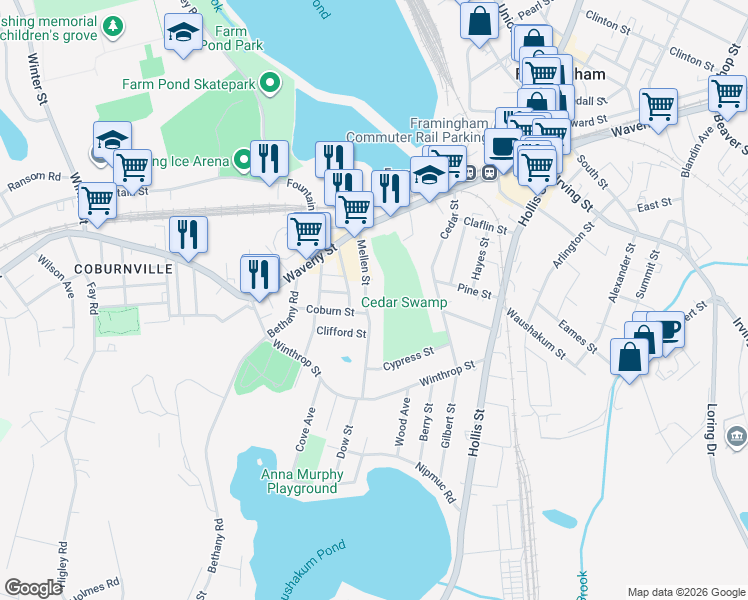 map of restaurants, bars, coffee shops, grocery stores, and more near 82 Mellen Street in Framingham