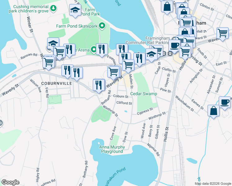 map of restaurants, bars, coffee shops, grocery stores, and more near 69 Bridges Street Extension in Framingham