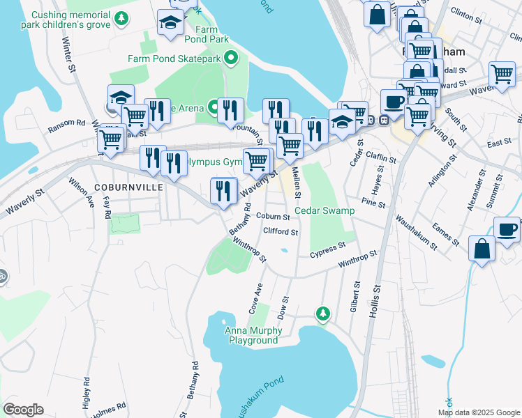 map of restaurants, bars, coffee shops, grocery stores, and more near 69 Bridges Street Extension in Framingham