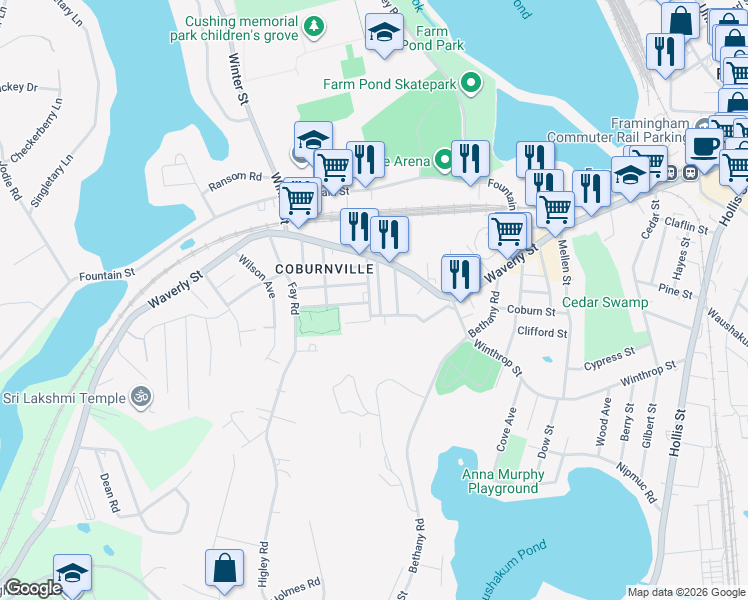 map of restaurants, bars, coffee shops, grocery stores, and more near 10R Desoto Avenue in Framingham