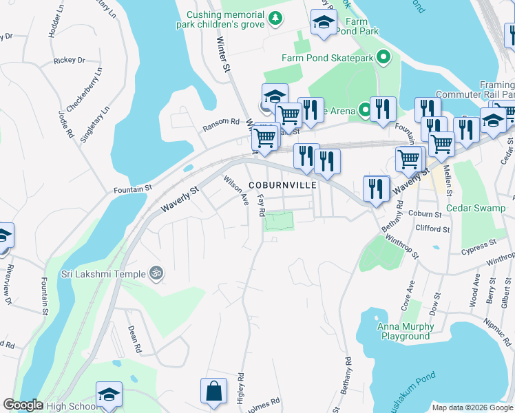map of restaurants, bars, coffee shops, grocery stores, and more near 88R Fay Road in Framingham