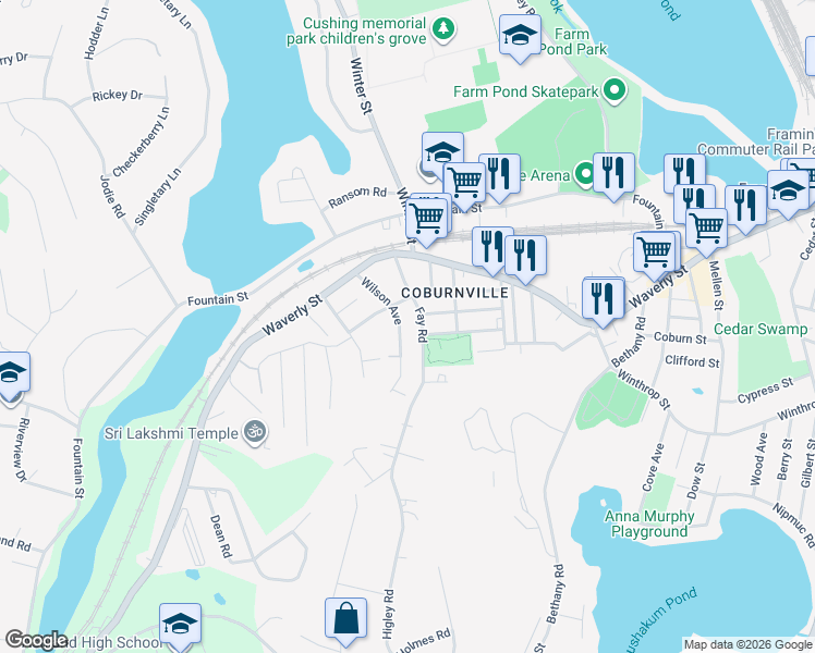 map of restaurants, bars, coffee shops, grocery stores, and more near 79 Wilson Avenue in Framingham