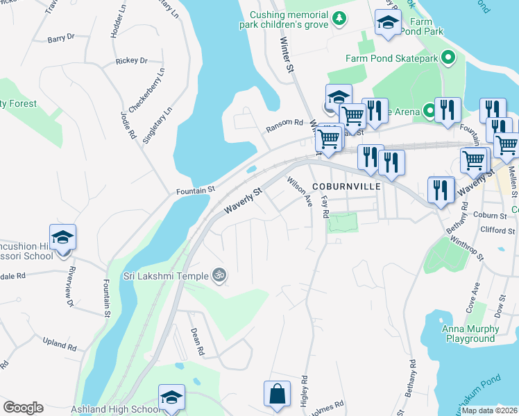map of restaurants, bars, coffee shops, grocery stores, and more near 38 Vose Street in Framingham