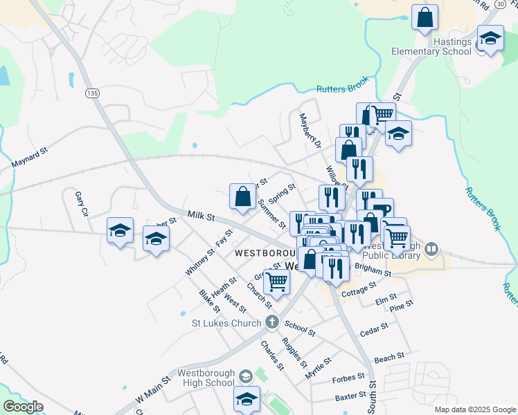 map of restaurants, bars, coffee shops, grocery stores, and more near 69 Milk Street in Westborough