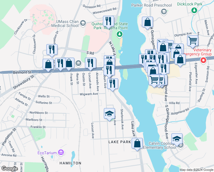 map of restaurants, bars, coffee shops, grocery stores, and more near 58 Coburn Avenue in Worcester