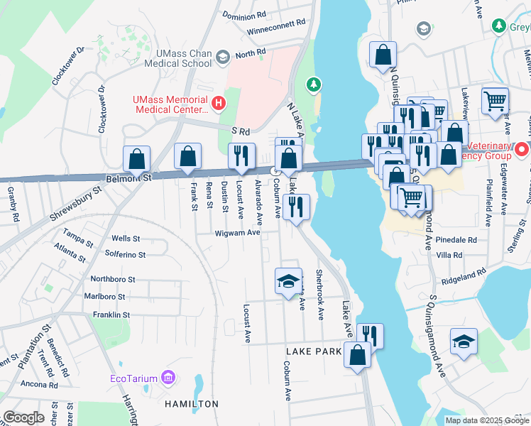 map of restaurants, bars, coffee shops, grocery stores, and more near 58 Coburn Avenue in Worcester