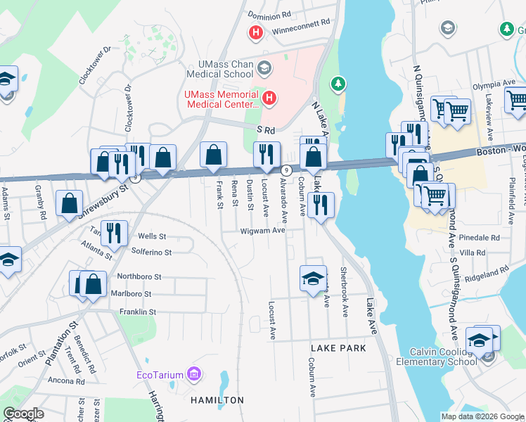 map of restaurants, bars, coffee shops, grocery stores, and more near 66 Dustin Street in Worcester