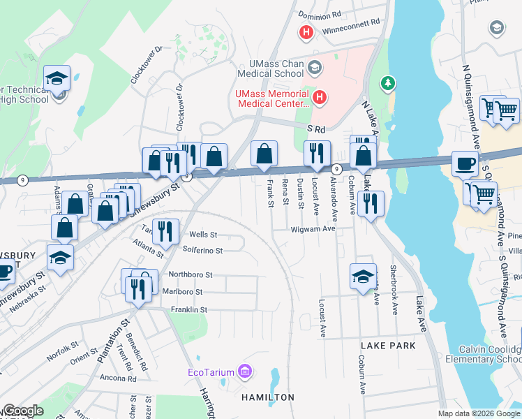 map of restaurants, bars, coffee shops, grocery stores, and more near 31 Carver Street in Worcester