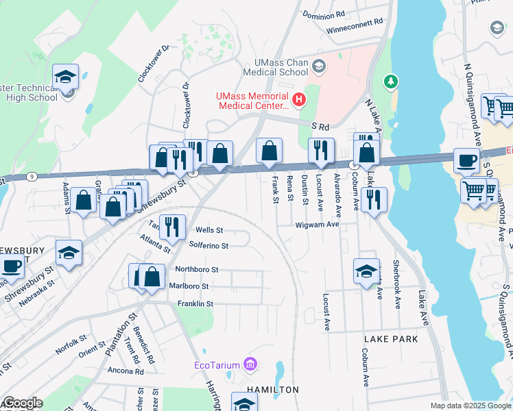 map of restaurants, bars, coffee shops, grocery stores, and more near 31 Carver Street in Worcester