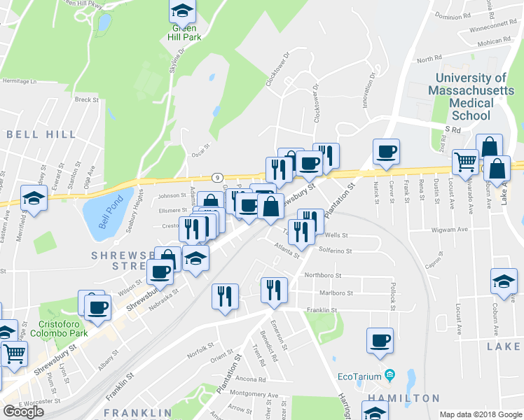 map of restaurants, bars, coffee shops, grocery stores, and more near 421 Shrewsbury Street in Worcester