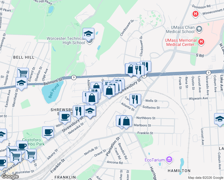 map of restaurants, bars, coffee shops, grocery stores, and more near in Worcester