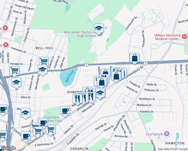 map of restaurants, bars, coffee shops, grocery stores, and more near 14 Creston Street in Worcester