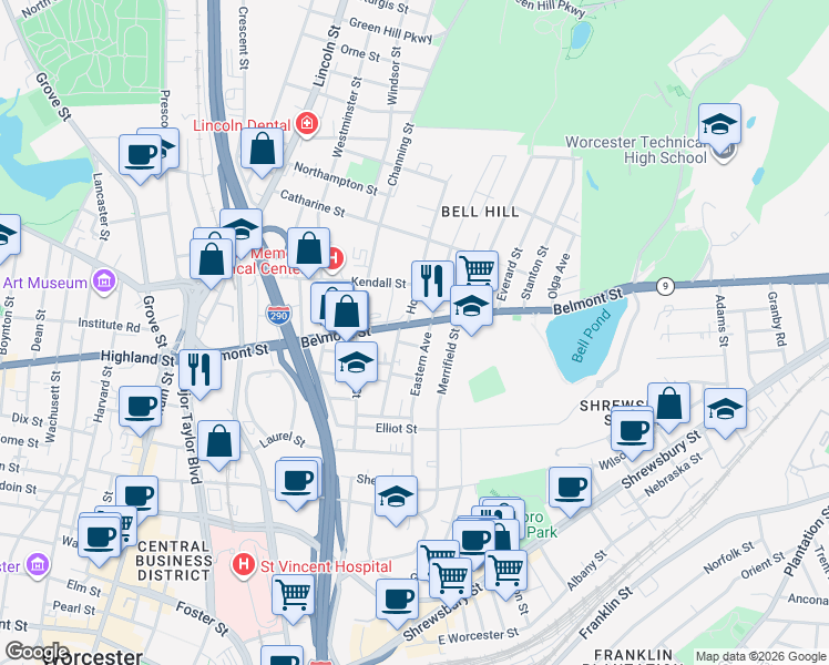 map of restaurants, bars, coffee shops, grocery stores, and more near 118 Eastern Avenue in Worcester