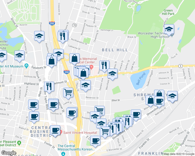 map of restaurants, bars, coffee shops, grocery stores, and more near 1 Patch Street in Worcester