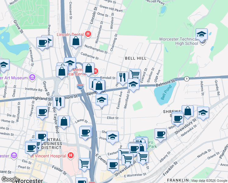 map of restaurants, bars, coffee shops, grocery stores, and more near 118 Eastern Avenue in Worcester