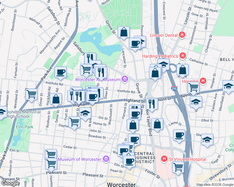 map of restaurants, bars, coffee shops, grocery stores, and more near 52 Highland Street in Worcester
