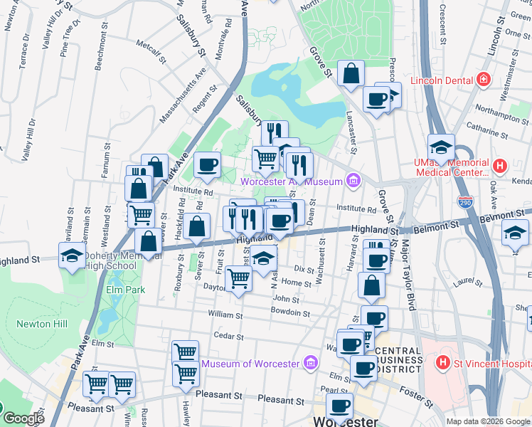 map of restaurants, bars, coffee shops, grocery stores, and more near 124 Massachusetts 9 in Worcester