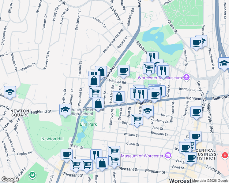 map of restaurants, bars, coffee shops, grocery stores, and more near 8 Hackfeld Road in Worcester