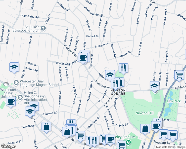 map of restaurants, bars, coffee shops, grocery stores, and more near 5 Elmwood Street in Worcester