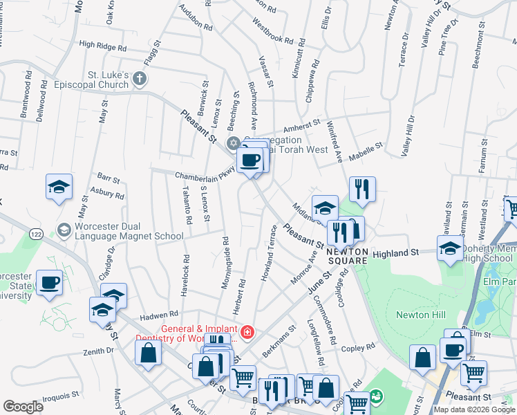 map of restaurants, bars, coffee shops, grocery stores, and more near 7 Hadwen Lane in Worcester