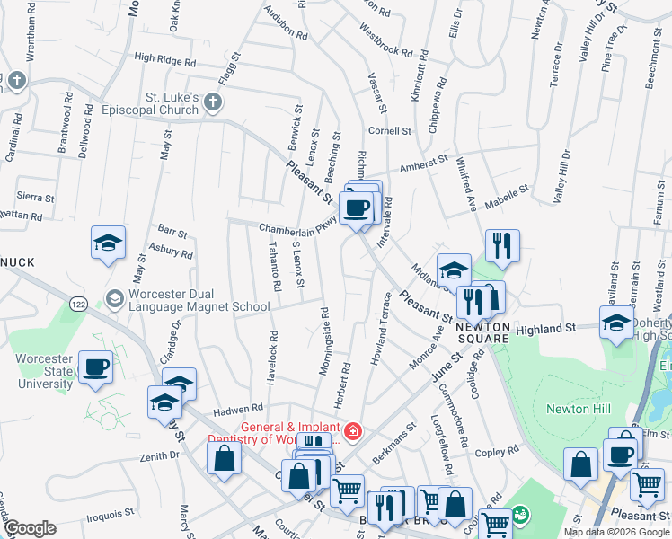 map of restaurants, bars, coffee shops, grocery stores, and more near 26 Saint Elmo Road in Worcester
