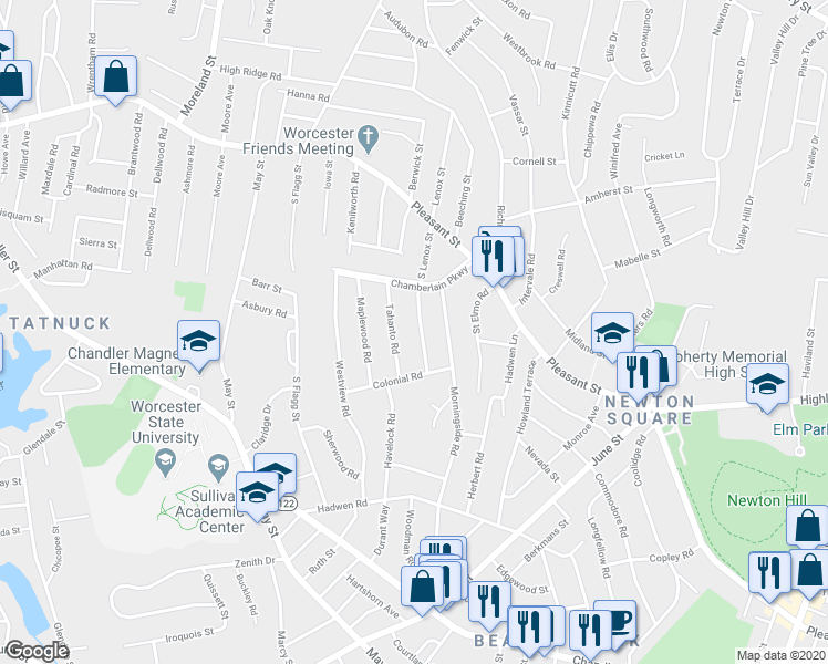 map of restaurants, bars, coffee shops, grocery stores, and more near 23 Tahanto Road in Worcester