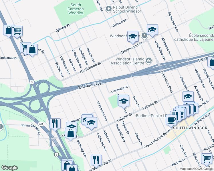 map of restaurants, bars, coffee shops, grocery stores, and more near 2 Columbia Court in Windsor