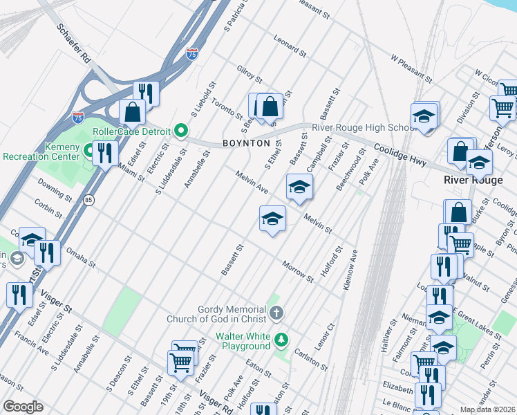 map of restaurants, bars, coffee shops, grocery stores, and more near 1910 Bassett Street in Detroit