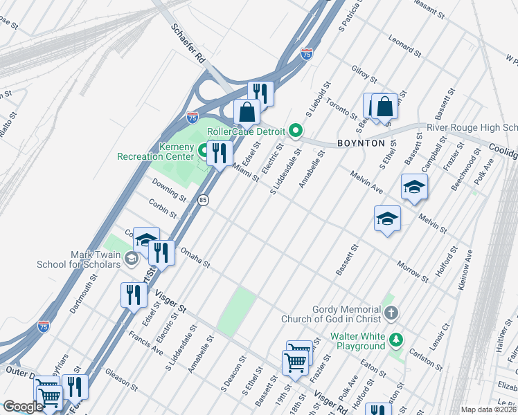 map of restaurants, bars, coffee shops, grocery stores, and more near 2230 South Liddesdale Street in Detroit