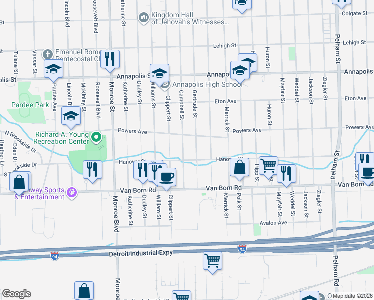 map of restaurants, bars, coffee shops, grocery stores, and more near 5400 Gertrude Street in Dearborn Heights