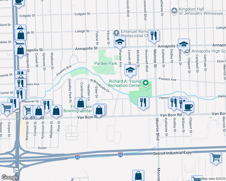 map of restaurants, bars, coffee shops, grocery stores, and more near 22832 South Brookside Drive in Dearborn Heights