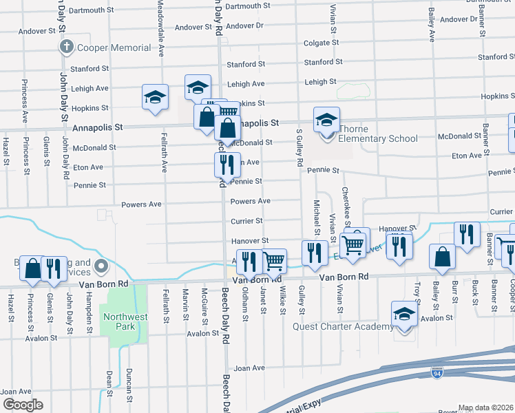 map of restaurants, bars, coffee shops, grocery stores, and more near 25612 Currier Street in Dearborn Heights